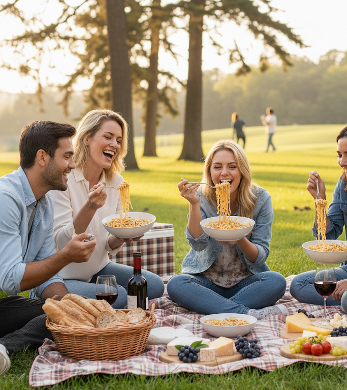 Group of people enjoying a picnic in a park with food and drinks. they are all eating wavy saucy sesames paste noodle  with happy face. 