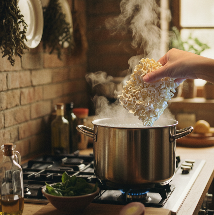Person adding ramen to a pot on a stove with steam rising, in a home kitchen setting.